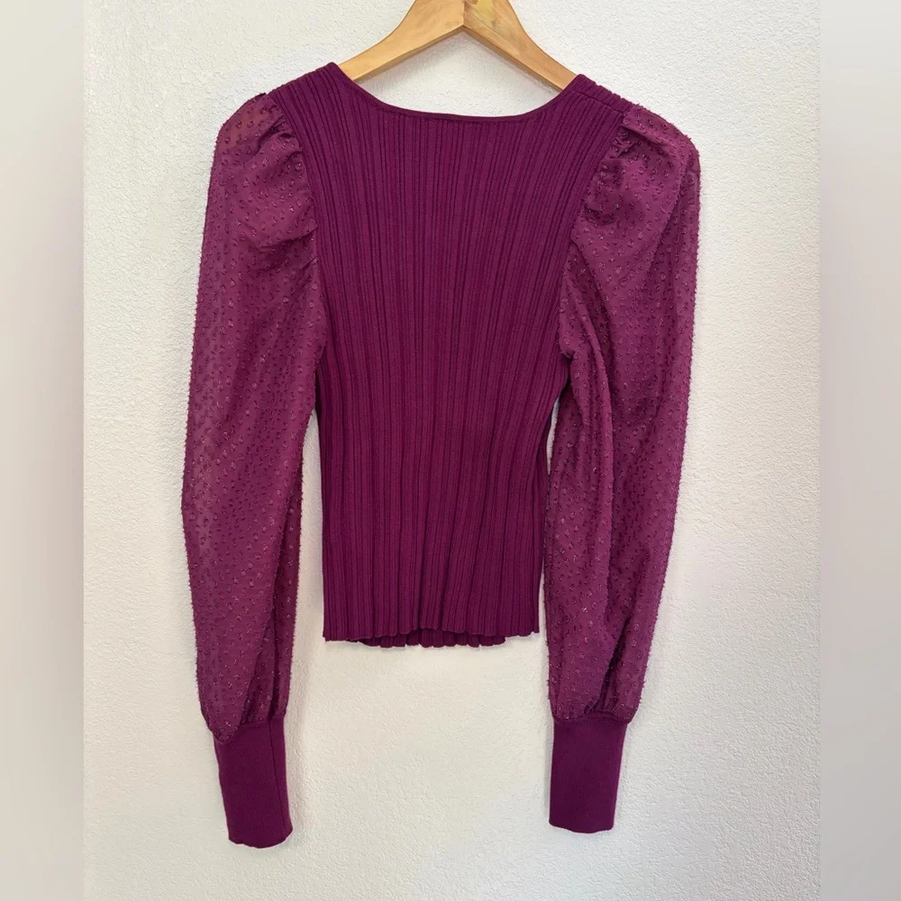 Anthropologie Puff-Sleeve Shimmer Plum Ribbed Knit Top Sheer Puff Sleeves Boho S